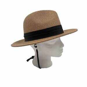 Paper Wide Brim Hat Black Band Sun Beach Detachable Strap 56-58cm